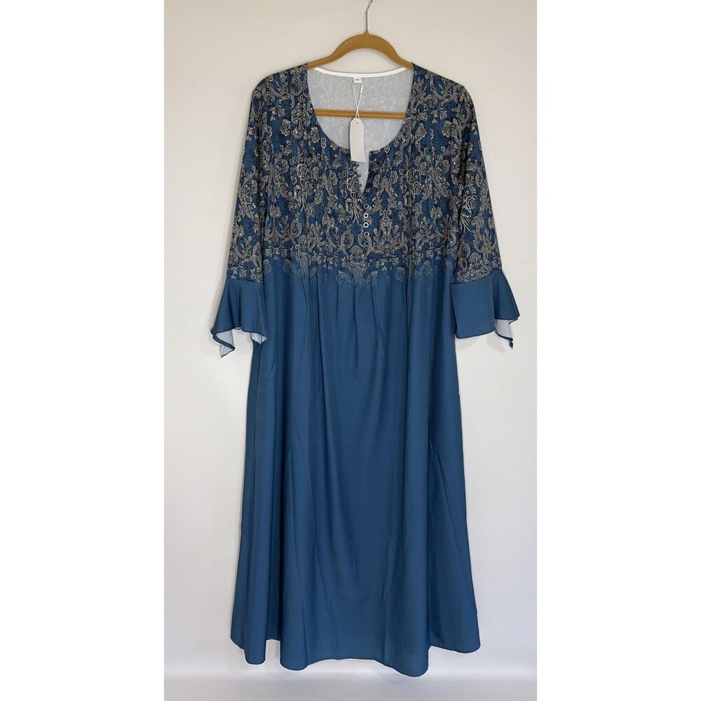 Peasant Bohemian Boutique Midi Blue Floral Dress Sz XL Unbranded Pockets 3/4 S